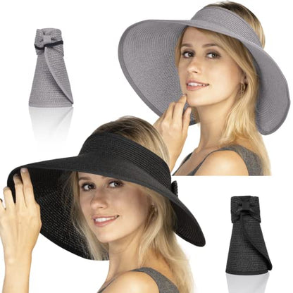Women Sun Visors Foldable Straw Hats Summer Beach Packable Hat Floppy Wide Brim Cap Deep Style, Adjustable Size - color: Gray Black