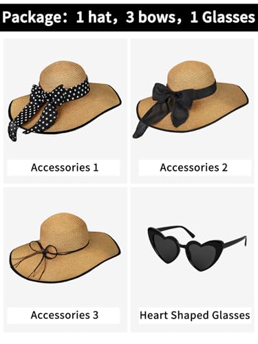 Sun Beach Straw Hats for Women, Summer Wide Brim Hat - color: Khaki Black, size: Large