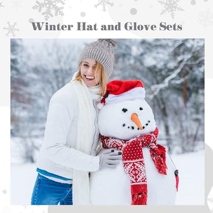 Womens Winter Fleece Lined Knitted Beanie Hat Glove Set, Warm Pom Pom Beanie Knit Cap Touchscreen Gloves for Women - color: Gray