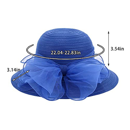 Haoohu Women's Church Derby Hat Wide Brim Bow Bucket Hat Wedding Dress Hat Fascinator Bridal Tea Party Hat - color: Blue
