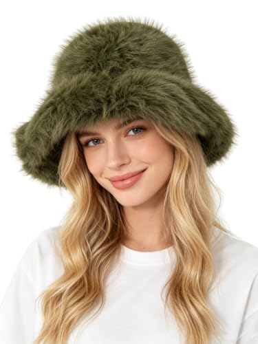 Lina & Lily Oversized Winter Faux Fur Bucket Hat for Women - Long Pile Fur Wide Moldable Brim - color: Army Green