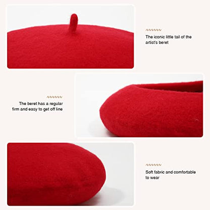 Women French Wool Beret Hats - Solid Color Classic Beanie Winter Cap - color: Thicker-red