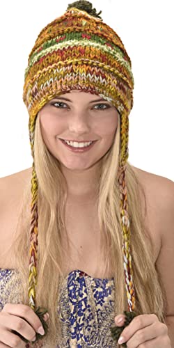 Hand Knitted 100% Merino Wool Ear Flap Snowboard Ski Chullo Peruvian Style Nepal Himalayan Sherpa Earflap Fleece Lined Winter Beanie Hat