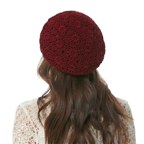ZLYC Women Cotton Slouchy Crochet Beret Handmade Cutout Floral Beanie Hat - color: Plain Burgundy