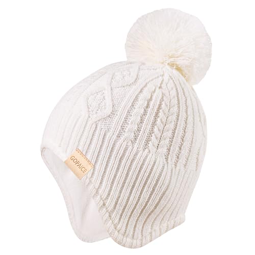 Kids Winter Beanie Hat and Scarf Set with Pom Pom for Girls, Children's Thick Ski Cap with Earflap Fleece Lined Hat 3-9 Years - color: White