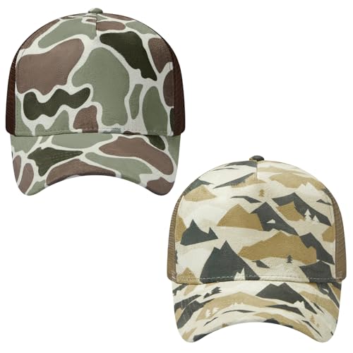 Suede Curved Brim Trucker Cap Adjustable Snapback Hat Mesh Back Breathable for Men Women 2 Pack SH03 - color: Pack of 2, Color Block Camo & Mountain Camo