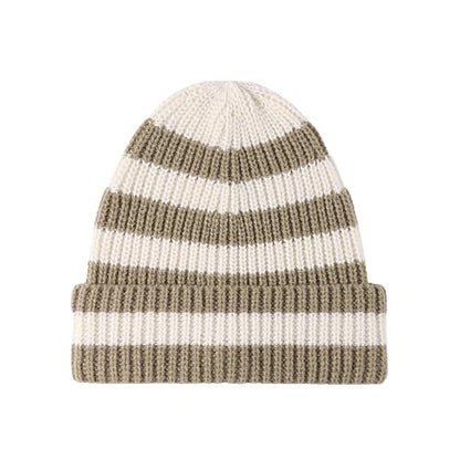 CORIRESHA Unisex Fashion Striped Beanie Cuffed Winter Warm Cozy Chunky Rib Knit Hat - color: Khaki White