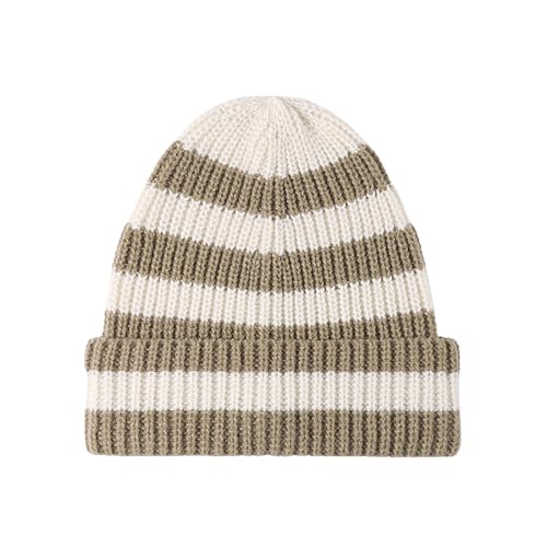 CORIRESHA Unisex Fashion Striped Beanie Cuffed Winter Warm Cozy Chunky Rib Knit Hat - color: Khaki White