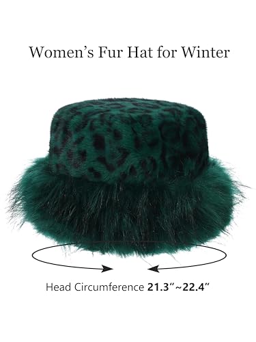 sy soul young Women's Leopard Faux Fur Hats Fluffy Bucket Hat Russian Style - color: Leopard Green