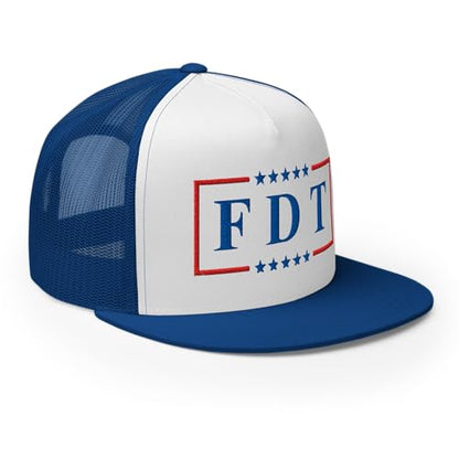 NX FDT Embroidered Flat Bill Trucker Hat High Crown Adjustable FDT Hat - color: Royal/ White/ Royal