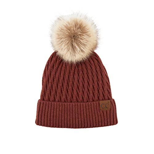 C.C Hatsandscarf Exclusives Unisex Solid Ribbed Beanie with Pom (HAT-43) - color: A Honey Comb Pattern(rayon)-brick