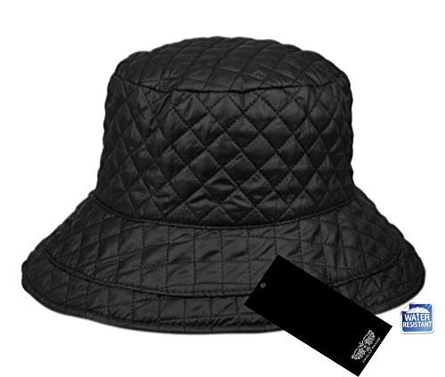 Foldable Water Repellent Quilted Rain Hat w/Adjustable Drawstring, Bucket Cap - color: Black