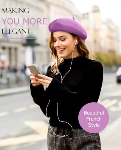 French Beret Hats for Women - Soft Warm Wool Solid Color Beanie Winter Cap - color: Lavender
