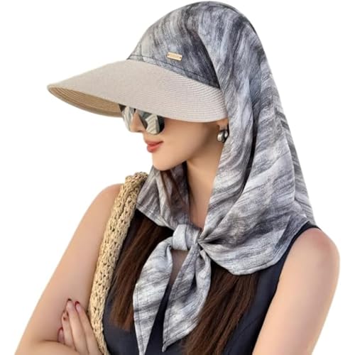 Sun Hats for Women Sun Protection Wide Brim Shawl with Neck Flap Hiking Visor Hat Outdoor UV Summer Beach hat - color: Black-gray