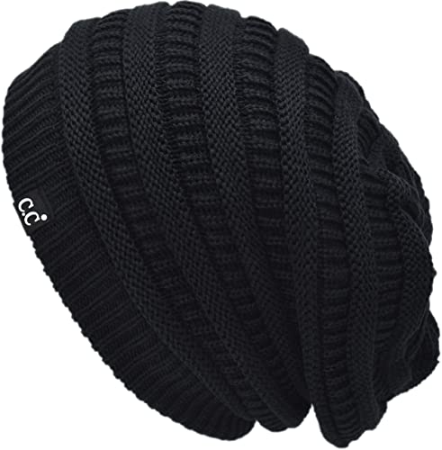 C.C Beanie Oversized Hat with Fuzzy Lining – Thick Knit Thermal Beanie for Cold Weather, Soft Warm Fleece Lined Cap - color: Black
