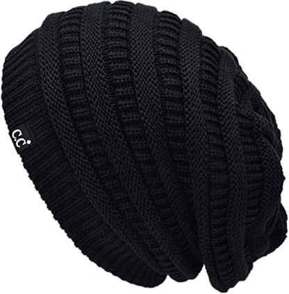 C.C Beanie Oversized Hat with Fuzzy Lining – Thick Knit Thermal Beanie for Cold Weather, Soft Warm Fleece Lined Cap - color: Black