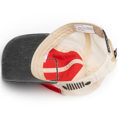 Jeep Have Fun Out There Patch Garment Washed Trucker Hat Unstructured for Men & Women - Adjustable Snapback Baseball Cap - color: Red