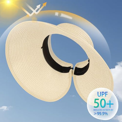 Women's Sun Visor Hats Wide Brim Straw Beach Hat Ponytail Hats for Women Foldable Floppy - color: 1pack-no Bow-beige2