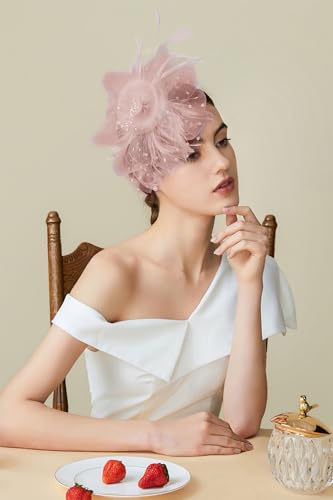 BABEYOND Fascinators Hats for Women Tea Party Flower Tulle Bead Derby Hat - color: Nude Pink