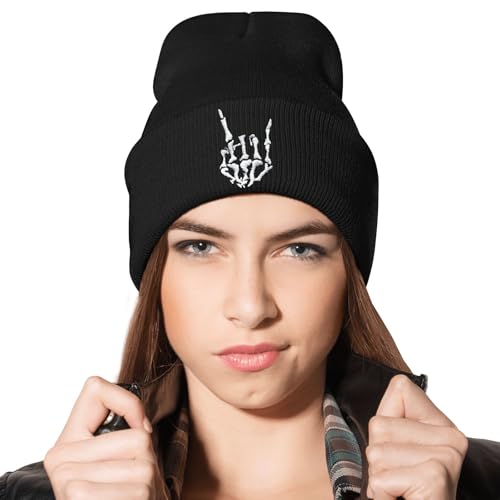 Embroidered Beanie Halloween Goth Knit Hat for Men Women - color: Skeleton Fingers Rock