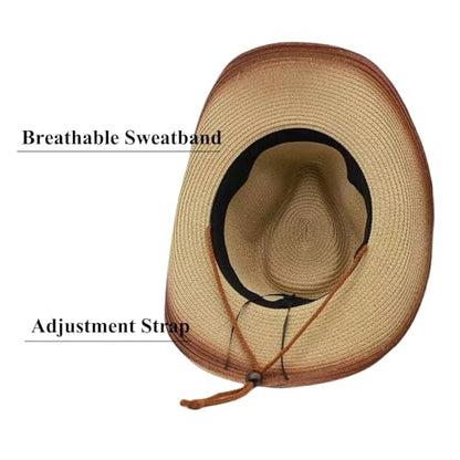Straw Cowgirl Hat for Women Cowboy Hats for Men Wide Brim Sun Hat Shapeable Western Hat Beach Hat - color: Beige-coffee