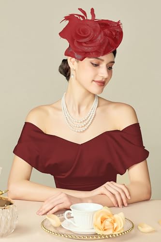 BABEYOND Fascinators Hats for Women Tea Party Mesh Flower Pillbox Derby Hat - color: Red