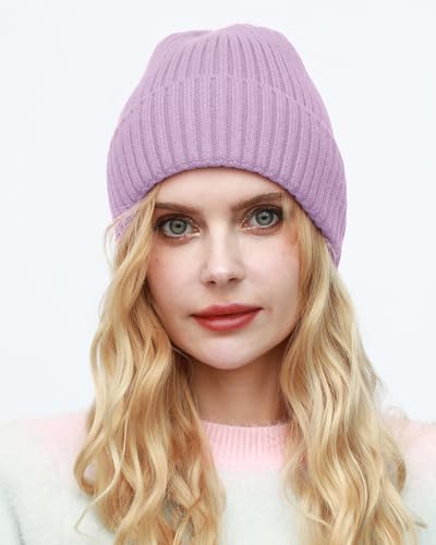 ROYBENS Womens Satin Lined Beanie for Men Wool Knit Cuffed Warm Winter Hats - color: 1pcs--light Purple