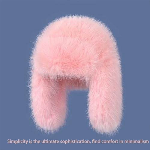Luxurious Faux Mink Fur Ladies Trapper Hat，Pure Color Simplistic Women’s Winter Hat，Furry Ushanka Warm Hat - color: Pink