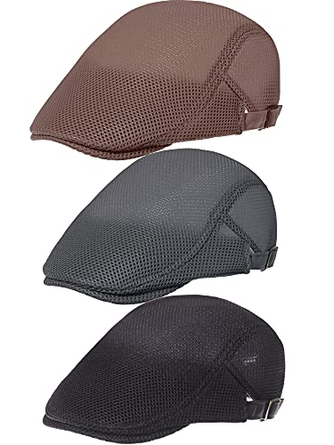 Geyoga 3 Pcs Mesh Newsboy Cap, Adjustable Mesh Cap - color: Coffee, Deep Gray, Black