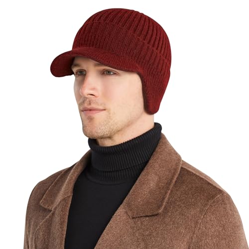 Men's Winter Hat with Brim, Warm Earflaps Hat for Men, Thick Fleece Lined Knit Winter Beanie Outdoor - color: Claret