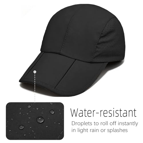 Foldable Baseball Cap for Men and Women,Long Brim Breathable Baseball Hats Quick Dry Sun Protection Collapsible Portable Hat - color: Black