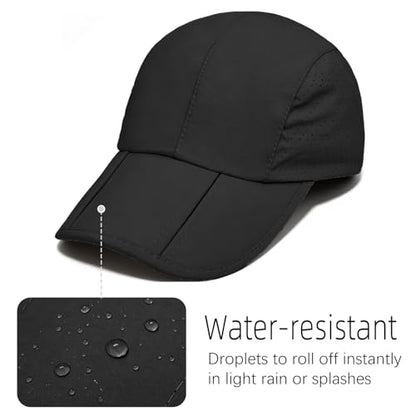 Foldable Baseball Cap for Men and Women,Long Brim Breathable Baseball Hats Quick Dry Sun Protection Collapsible Portable Hat - color: Black