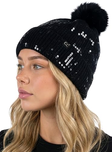Funky Junque Women's Sequin Pom Beanies – Soft Knit Sparkly Bling Winter Hats for Women, Faux Fur Pom Glitter Sparkle Hat - color: Smooth Sequin - Black