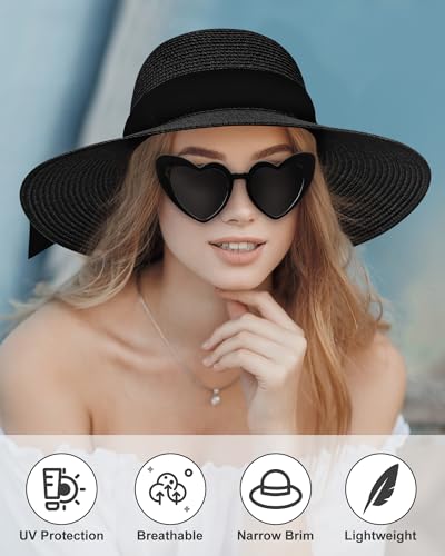 Sun Straw Hats for Women, Wide Brim Summer Beach Hat - color: Black, size: Large