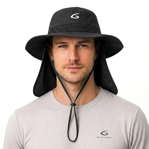 UVCoolix™ Cooling Sun Hat with Neck Flap,UPF 50+ Wide Brim UV Protection Boonie for Hot Outdoor Days - color: Black, size: Medium-Large