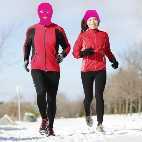 3 Hole Ski Mask, Knitted Balaclava Face Mask, Winter Full Face Mask Cover for Winter Outdoor Sports - color: Dark Pink