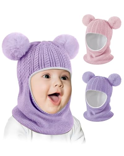 Baby Winter Hat Scarf Set 2 Pack, Toddler Beanie Hats Girl Boy with Neck Warmer, Beanie for Kids Knit Warm for Cold Weather - color: Pink&purple, size: 6-36 Months
