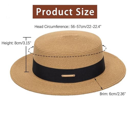 Straw Boater Summer Sun Hat - Wide Brim Fedora Panama Beach Hat for Women - color: Khaki10