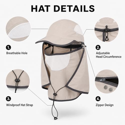 HUAMULAN Women Wide Brim Sun Hat Ponytail UV Protection Visor Fishing Cap - color: Light Gray With Foldable Visor