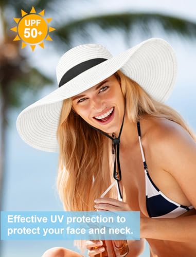 Floppy Sun Hats for Women, Summer Wide Brim Straw Beach Hat - color: Off-white, size: Large
