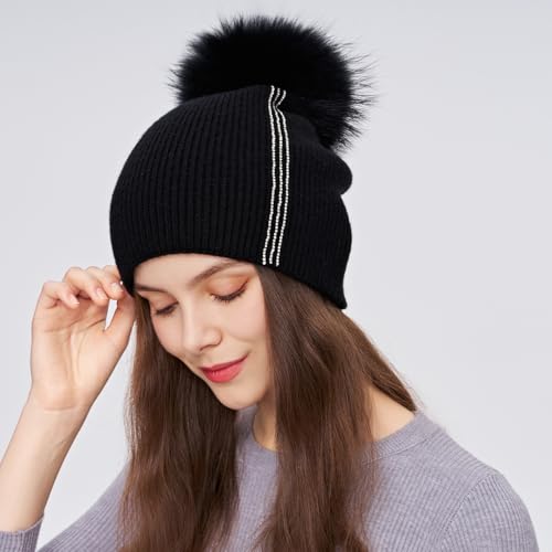 Women's Knitted Angora Wool Hat for Autumn and Winter Warm and Stylish with Rolled Brim and Slanted Rhinestones Cap - color: A-black