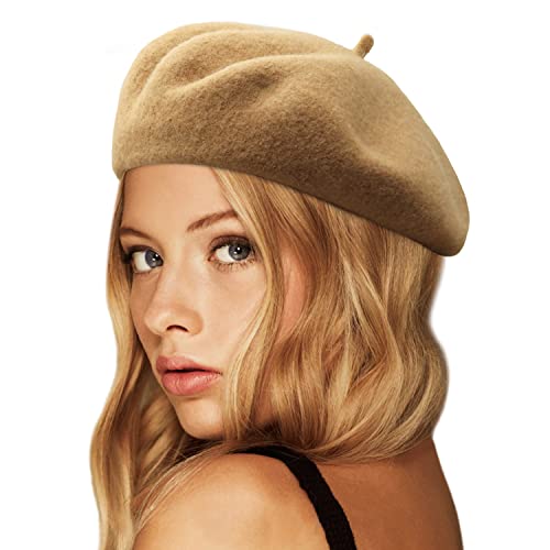 Wheebo Wool Beret Hat,Solid Color French Style Winter Warm Cap for Women Girls Lady - color: Camel