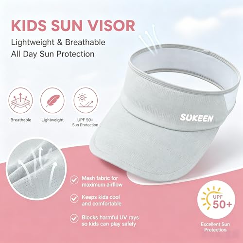 Sukeen Kids Sun Visor Hat for Girls Boys UPF50+ Lightweight Cooling Stretchable Packable Sun Hat - color: Light Grey