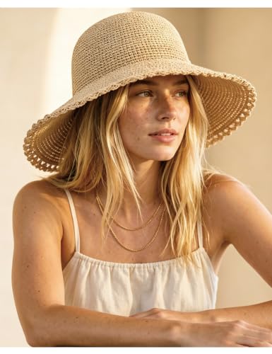 Women's Raffia Straw Bucket Hat Natural Raffia Beach Hat Handmade Woven Foldable Sun Hats Summer Travel Cap - color: Natural-scalloped