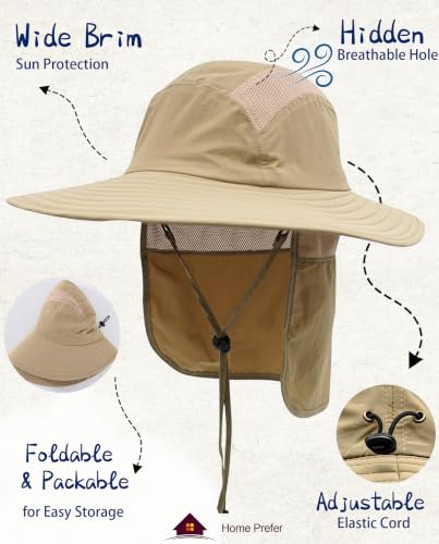 Home Prefer UPF 50+ Sun Hat with Neck Flap Wide Brim Fishing Hat for Men - color: Khaki