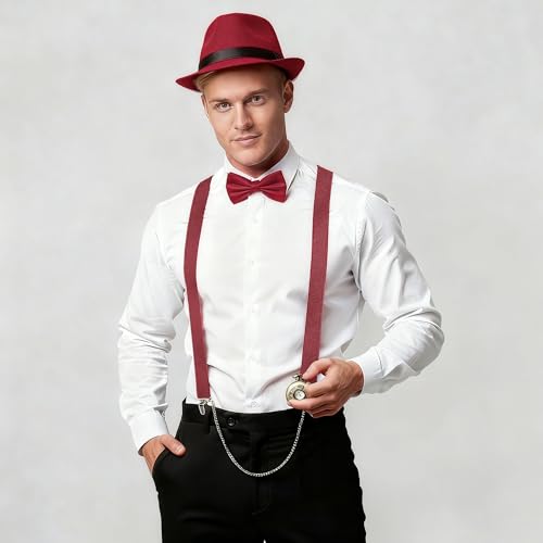 BABEYOND 1920s Mens Gatsby Gangster Accessories Set Panama Hat Suspender Bow Tie - color: Red Set