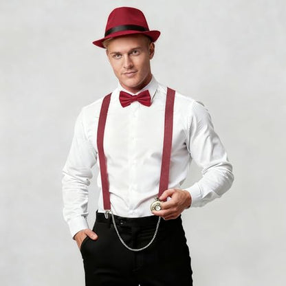 BABEYOND 1920s Mens Gatsby Gangster Accessories Set Panama Hat Suspender Bow Tie - color: Red Set