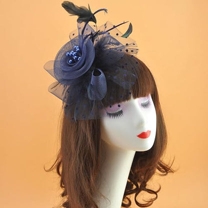 WLBON Fascinators Hat 20s 50s Headband Hair Clips Flower Mesh Veil Feather Headpiece Headwear Women Halloween Carnival Cocktail Wedding Church Cosplay Dress Up Birthday Tea Party Accessories Blue - color: Dark Blue