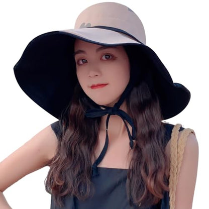 HUAMULAN Women Summer Vacation Wide Brim Sun Hat Reversible Fishing Hats - color: M0004-khakiblack
