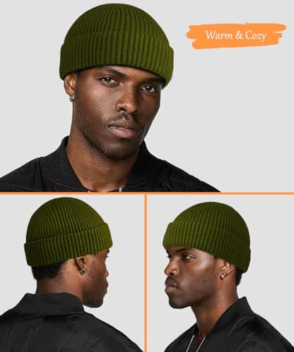 Heniho Wool Fleece Lined Fisherman Beanie for Men, Winter Warm Hats Cuffed Knit Watch Cap Trawler Hat - color: 1pack D- Army Green